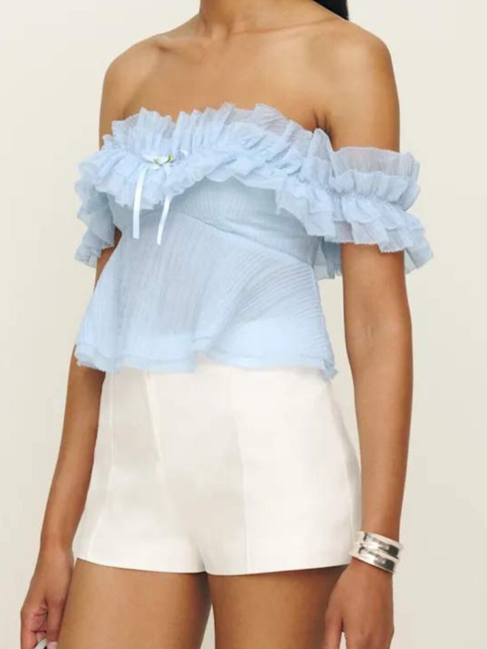 NWOT Reformation Briella Top Light Blue Ruffle Off-the-Shoulder Coquette S
